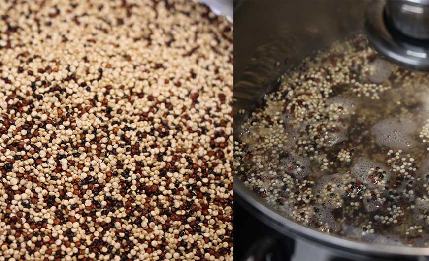 Quinoa ungekocht und im Topf mit Wasser und Deckel